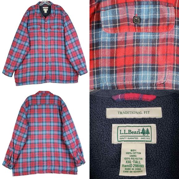 LL Bean Shirt Mens Flannel LS Button Up Size XXL Talk Red Shacket Fleece Lined - Picture 1 of 9